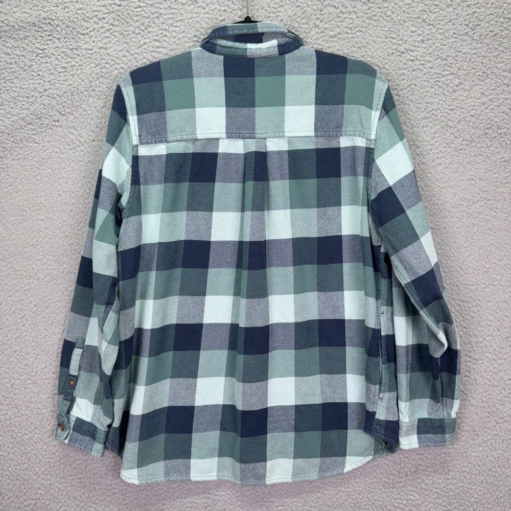 LL Bean Top Womens L Teal Navy Plaid Relaxed Fit Flannel Shirt Cotton Country - Picture 3 of 12